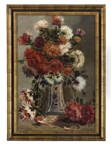 Still Life Of Chrysanthemums In A Blue And White Vase