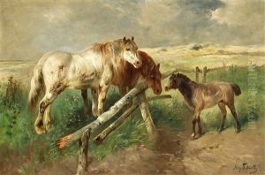 Landschaft Mit Pferden Am Gatter Landschaft Mit Pferden Am Gatter