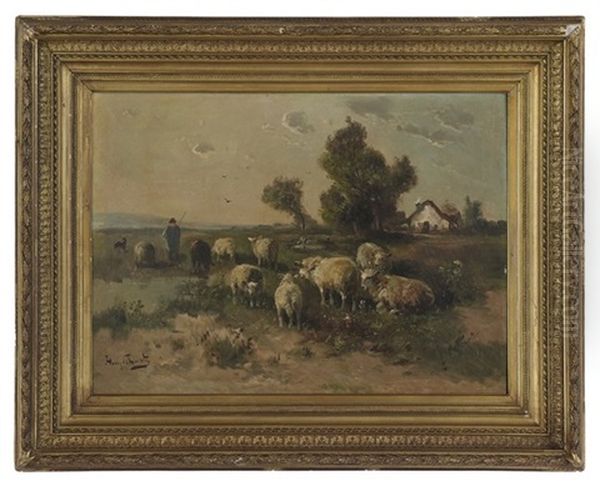 Shepherd In A Field, A Farmhouse In The Distance - view 1