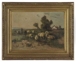 Shepherd In A Field, A Farmhouse In The Distance by Henry Schouten