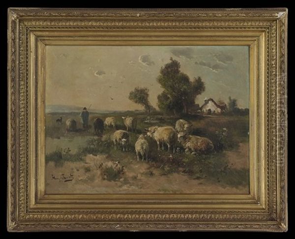 Shepherd In A Field, A Farmhouse In The Distance - view 1