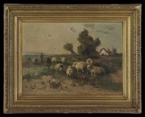 Shepherd In A Field, A Farmhouse In The Distance by Henry Schouten