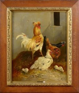 Coq, Poules Et Poussins Sur La Paille by Henry Schouten
