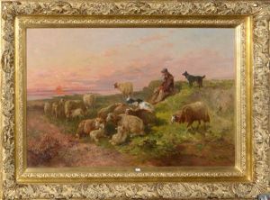 Le Berger Et Son Troupeau, Admirant Le Coucher Du Soleil by Henry Schouten