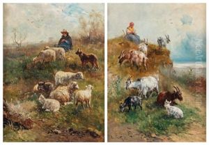 Berger Et Son Troupeau Et Bergere Et Son Troupeau (pair) by Henry Schouten