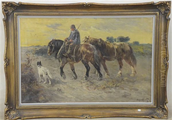 Cultivateur Avec Ses Deux Chevaux Et Son Chien - view 1