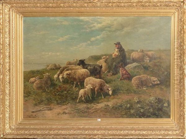Berger Et Son Troupeau En Bord De Mer - view 1