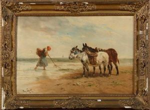 Pecheuse De Crevettes Et Ses Anes En Bord De Mer