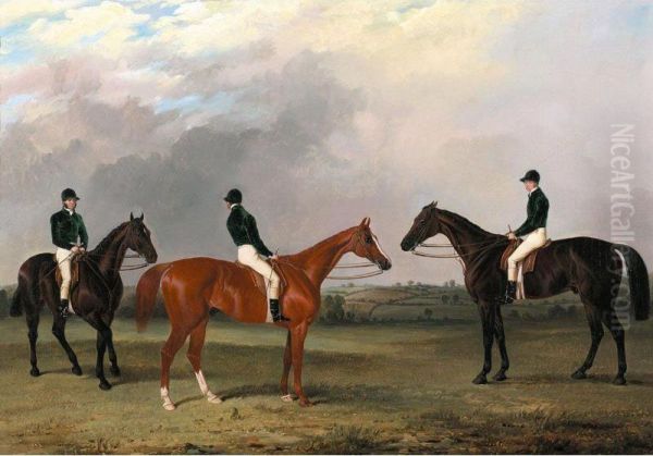 A Chestnut And Two Bay Racehorses Belonging To John Bowes With Jockeys Up - view 1