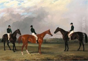 A Chestnut And Two Bay Racehorses Belonging To John Bowes With Jockeys Up