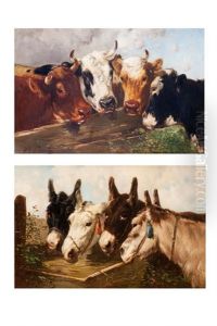 Quatre Vaches Et Quatre Anes Pres Du Mangeoire (pair) by Henry Schouten