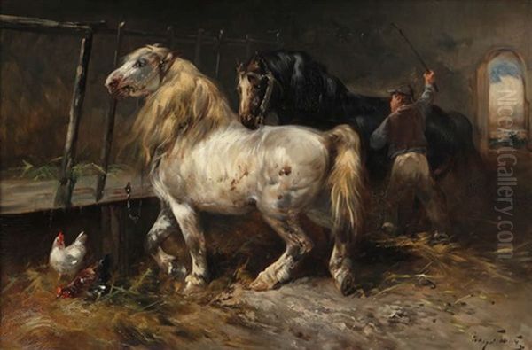 Paysan Avec Chevaux Et Poules Dans L'etable - view 1