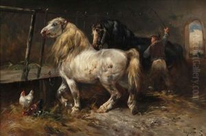 Paysan Avec Chevaux Et Poules Dans L'etable Paysan Avec Chevaux Et Poules Dans L'etable