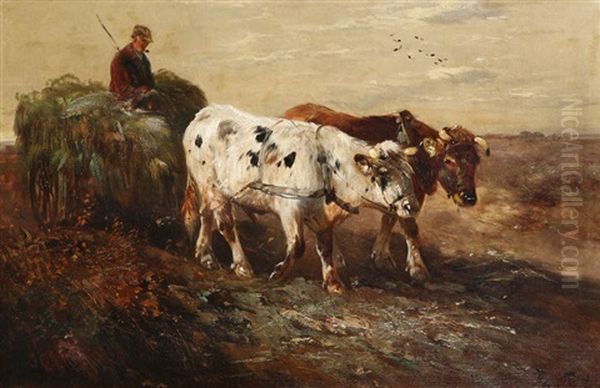 Vue De La Fagne Animee D'un Paysan Sur Char A Foin Et Attelage De Boeufs - view 1