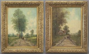 Country Landscape With A Farmer And A Cattle And Woman And Cattle On A Country Road (pair) by Henry Schouten