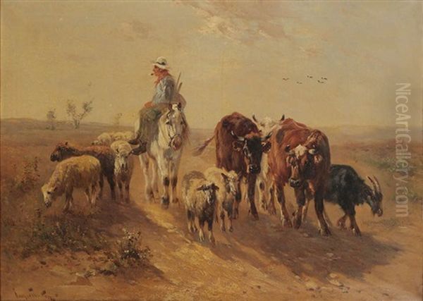 Paysan A Cheval, Vaches Et Moutons Au Pre - view 1
