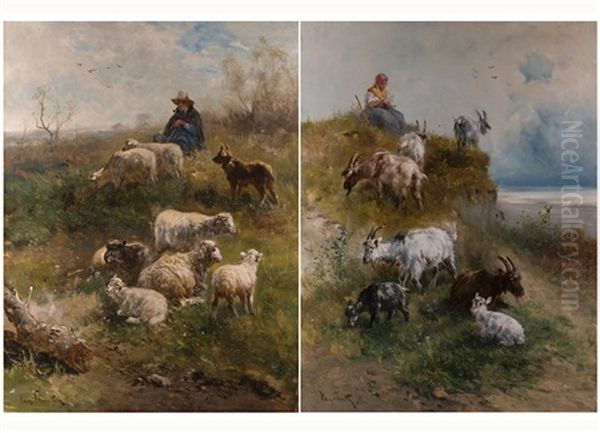 Schafer Mit Schaferhund (+ Schafen Und Schaferin Mit Ziegen In Landschaft; Pair) - view 1