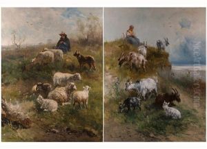 Schafer Mit Schaferhund (+ Schafen Und Schaferin Mit Ziegen In Landschaft; Pair) by Henry Schouten