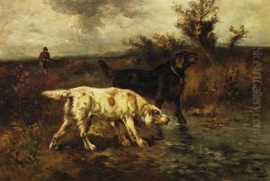 Jagdhunde In Weiter Herbstlandschaft. Im Hintergrund Der Herannahende Jager by Henry Schouten