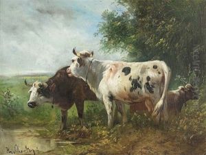 Drei Gefleckte Rinder Bei Der Tranke by Henry Schouten