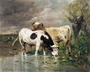 Landschap Met Koeien Aan De Waterkant by Henry Schouten