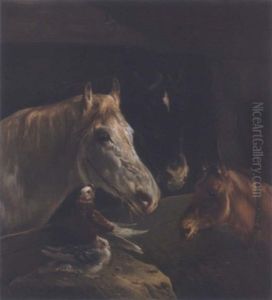 Cheveaux Et Pigeons Dans L'ecurie by Henry Schouten