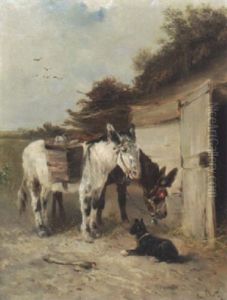 Zwei Rastende Maulesel Mit Kleinem Hund Zwei Rastende Maulesel Mit Kleinem Hund