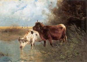 Twee Koeien Bij De Drinkplaats by Henry Schouten