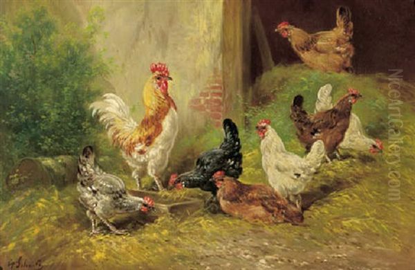 A Cockerel And Chickens In A Farmyard - view 1