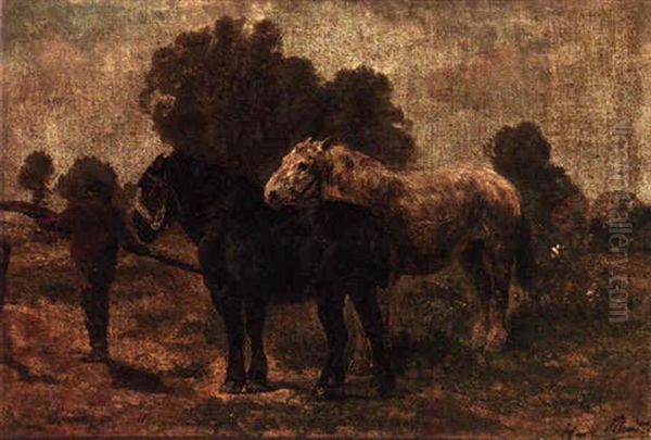 A Farmer With Two Horses In A Field - view 1