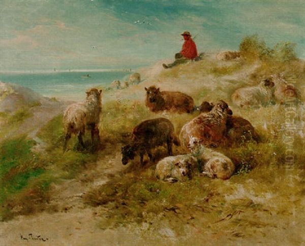 A Shepherd And Flock Resting In The Dunes - view 1