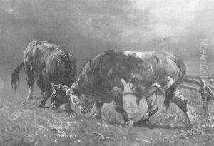 Weide Mit Zwei Kampfenden Stieren by Henry Schouten