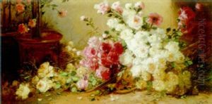 Roses Tumbling From A Basket On The Garden Floor