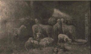 Sheep And Hens In A Barn Interior by Henry Schouten