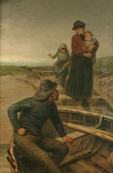 Coastal Landscape With A Woman And Two Children Stepping Onto A Boat With A Ferryman - view 1