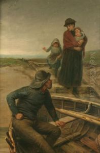 Coastal Landscape With A Woman And Two Children Stepping Onto A Boat With A Ferryman Coastal Landscape With A Woman And Two Children Stepping Onto A Boat With A Ferryman