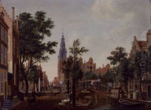 View Of The Groeburgwal, Amsterdam, With The Zuiderkerk In The Distance by Hermanus Peter Schouten