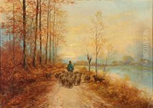 Autumn View With A Shepherd And Sheep In A Forest by Paul Schouten