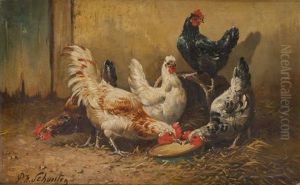Coq Et Poules Picorant by Paul Schouten