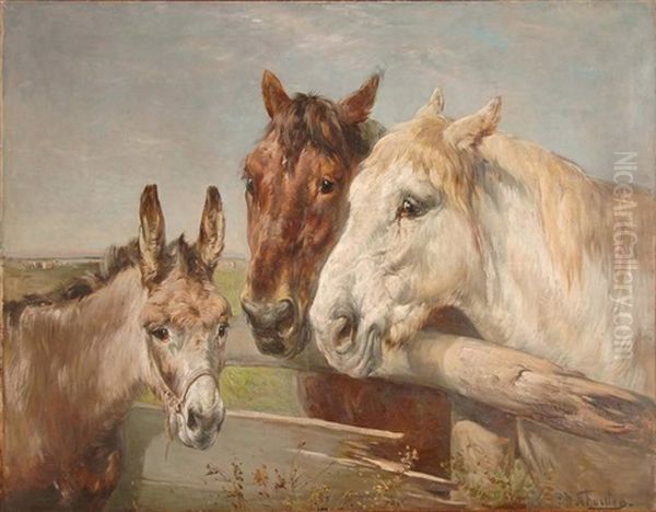 Chevaux Et Ane A La Barriere - view 1