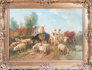 Cattle And Sheep In A Farmyard by Henry Schouten