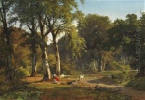 A Little Girl Watching The Sheep In A Clearing In The Forest by Axel Thorsen Schovelin