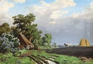 Field Landscape With A Peasant Plowing by Axel Thorsen Schovelin