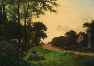 Village Street With A Woman Feeding Hens