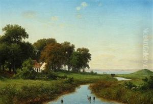 A Danish Summer Landscape With A Thatched House