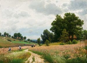 Erntelandschaft An Einem Prachtvollen Sommertag Mit Landarbeitern Bei Der Getreideernte by Josef Schoyerer