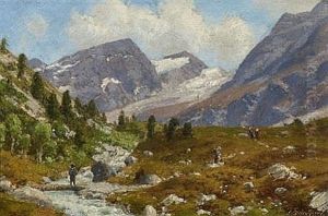 Wanderer In Gebirgslandschaft by Josef Schoyerer