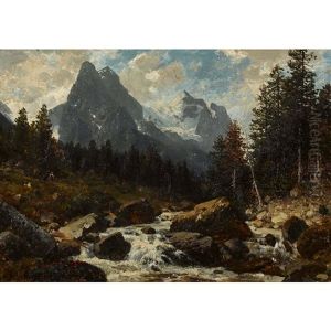Gebirgsbach Mit Well- Und Wetterhorn by Josef Schoyerer