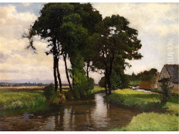 Sommerliche Flusslandschaft Mit Bauernhaus - view 1