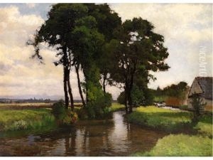 Sommerliche Flusslandschaft Mit Bauernhaus by Josef Schoyerer